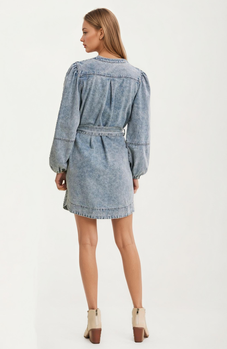 Knit and Lounge Puff Shoulder Tie Waist Long Sleeve Denim Mini Dress, Alternate, color, 