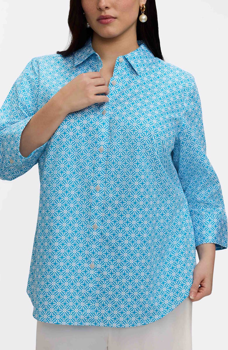 Foxcroft Margie Geo Lattice Three-Quarter Sleeve Button-Up Shirt, Main, color, Blue/ White