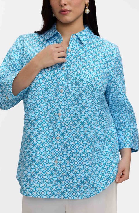 Margie Geo Lattice Three-Quarter Sleeve Button-Up Shirt (Plus)