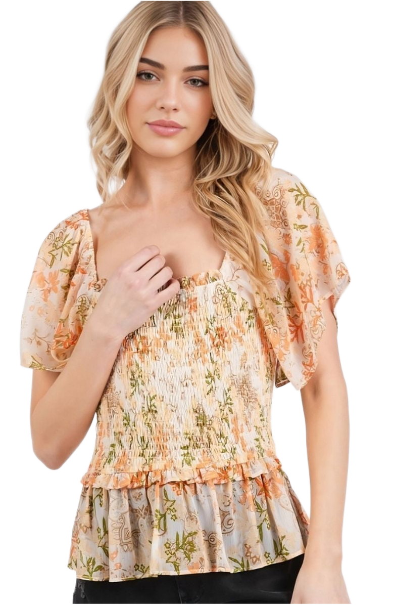 Knit and Lounge Soft Floral Print Lightweight Smocked Peplum Top Flutter Sleeve Square Neck, Main, color, Peach Floral