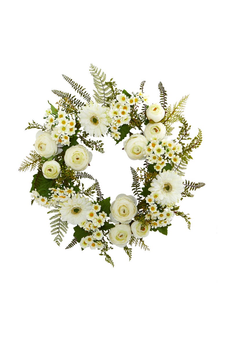 24-in Mixed Daisies and Ranunculus Wreath, Main, color, White