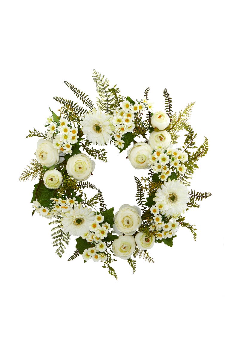 NEARLY NATURAL 24-in Mixed Daisies and Ranunculus Wreath, Main, color, White