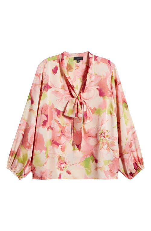 Tahari Asl Floral Bow Neck Charmeuse Top In Peach Watercolor