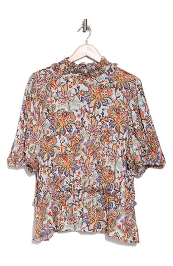 T Tahari Floral Print Ruffle Neck Peplum Crop Top In Light Blue Colorful Paisley