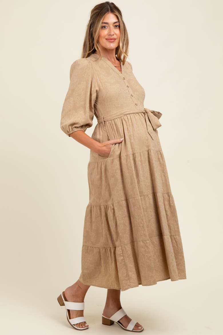 Floral Jacquard Button Front Tiered Dress, Alternate, color, Taupe