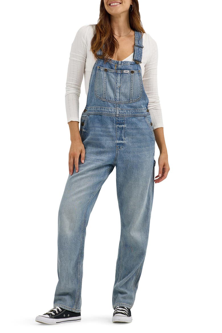 Slim Straight Leg Denim Overalls, Main, color, BLUE GLIMMER