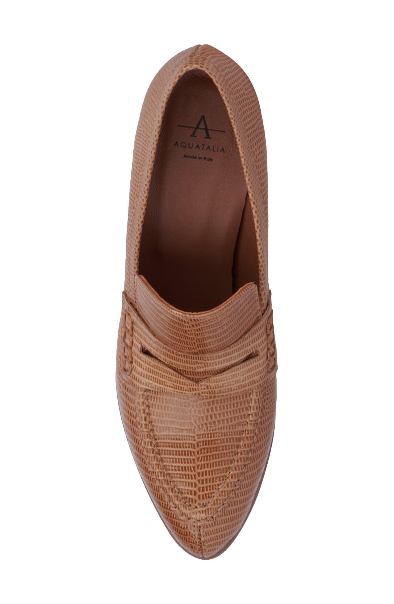 Aquatalia Rella Weatherproof Mini Lizard Embossed Penny Loafer Pump, Alternate, color, Whiskey
