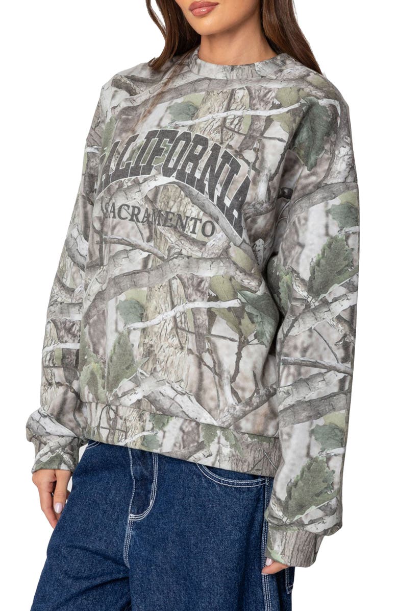 EDIKTED Cali Baby Oversize Camo Sweatshirt, Alternate, color, Olive