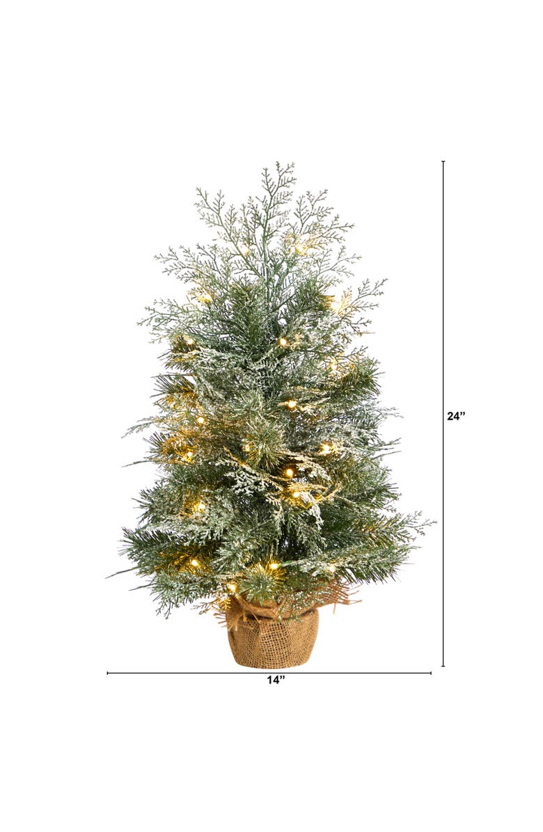 NEARLY NATURAL 2-ft Winter Frosted Artificial Christmas Tree with 35 LED Lights in Burlap Base, Alternate, color, Green