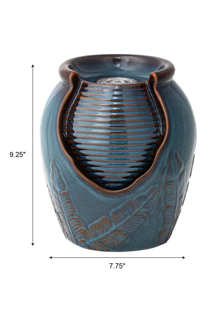 Turquoise Leaf Textured Ceramic Jar Tabletop Fountain with Pump and LED light, Alternate, color, Blue
