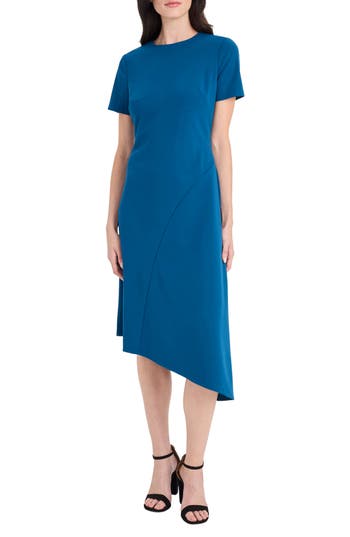Maggy London Short Sleeve Asymmetric Midi Dress In Blue