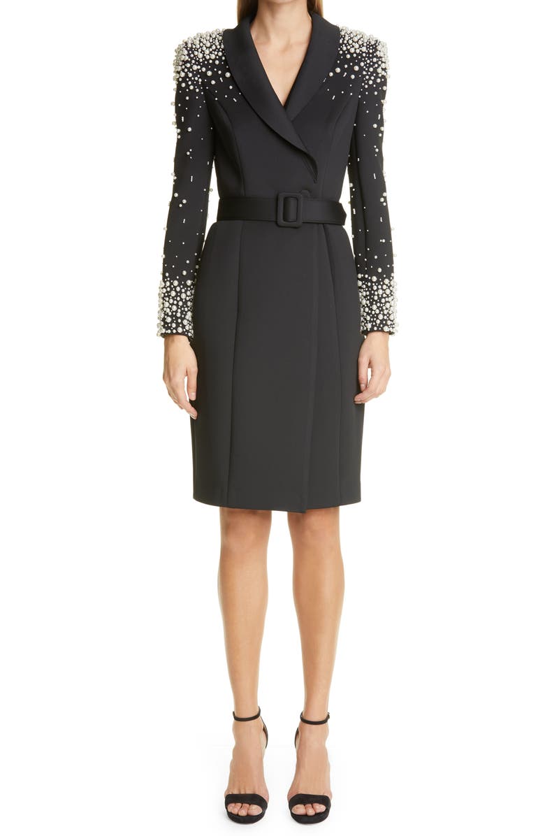 Badgley Mischka Collection Imitation Pearl Embellished Long Sleeve Cocktail Coatdress, Main, color,