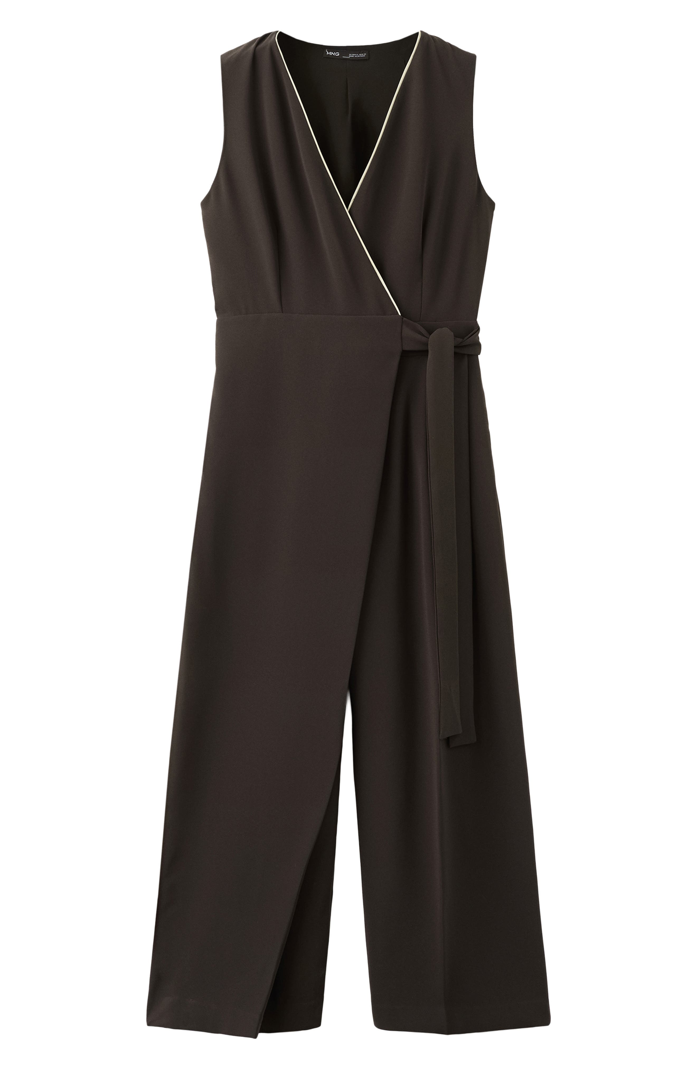 Mango Contrast Piping Faux Wrap Jumpsuit In Brown