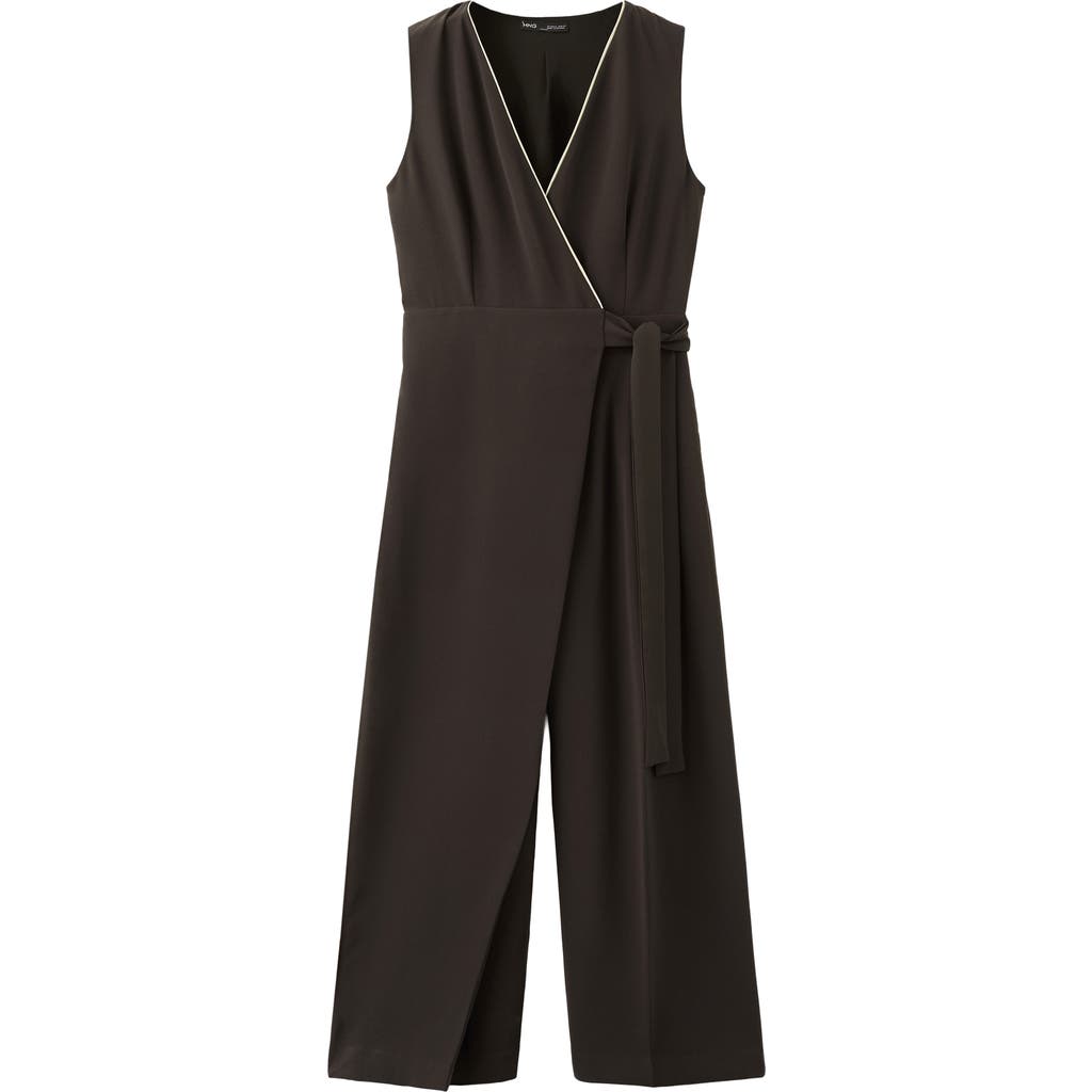 Mango Contrast Piping Faux Wrap Jumpsuit In Brown