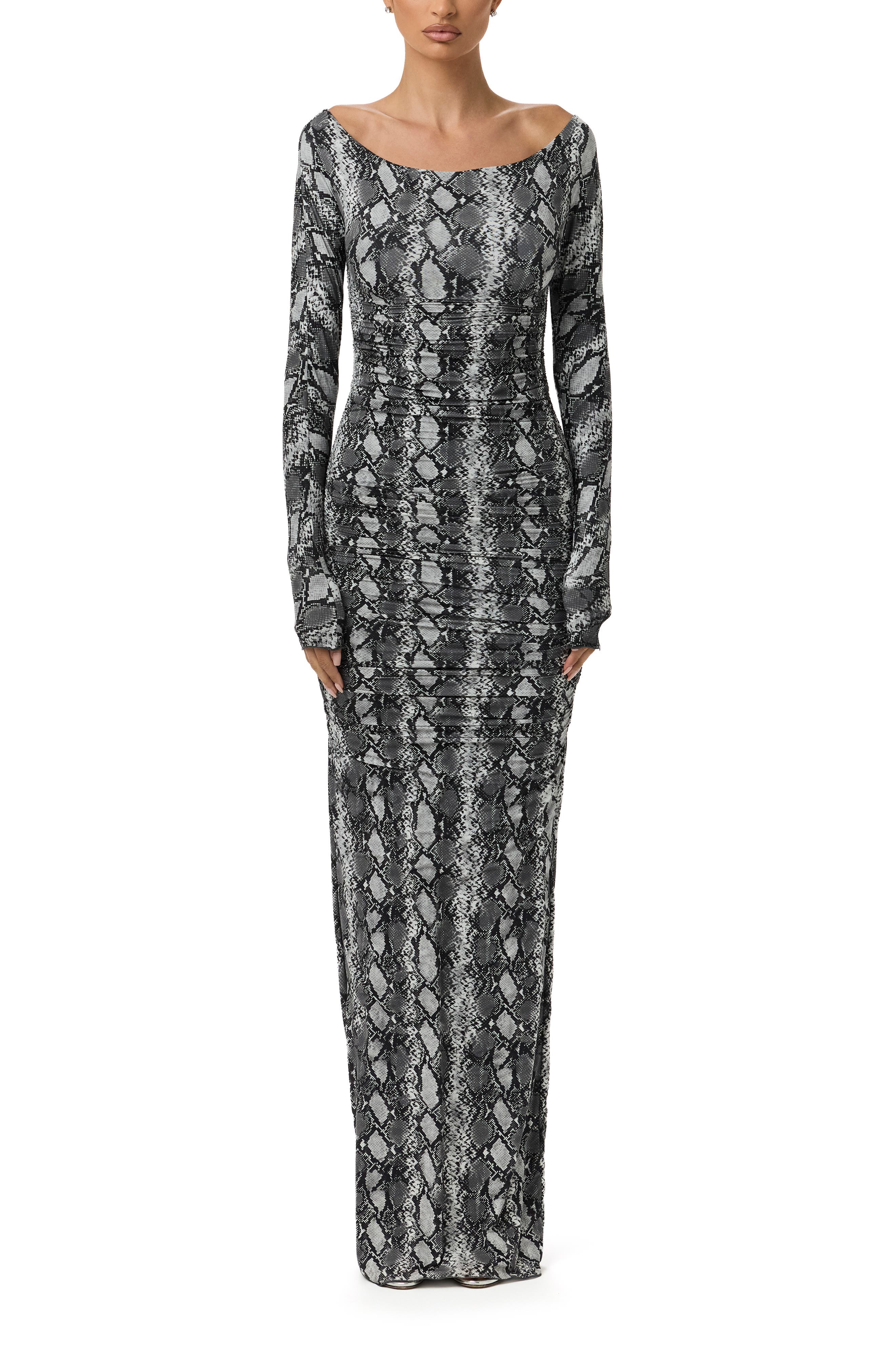 Naked Wardrobe Ruched Off the Shoulder Long Sleeve Maxi Dress