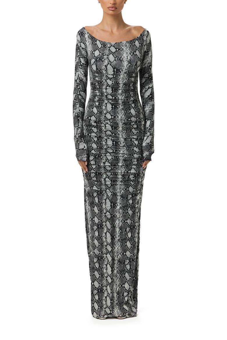 Ruched Off the Shoulder Long Sleeve Maxi Dress, Main, color, GREY SNAKESKIN