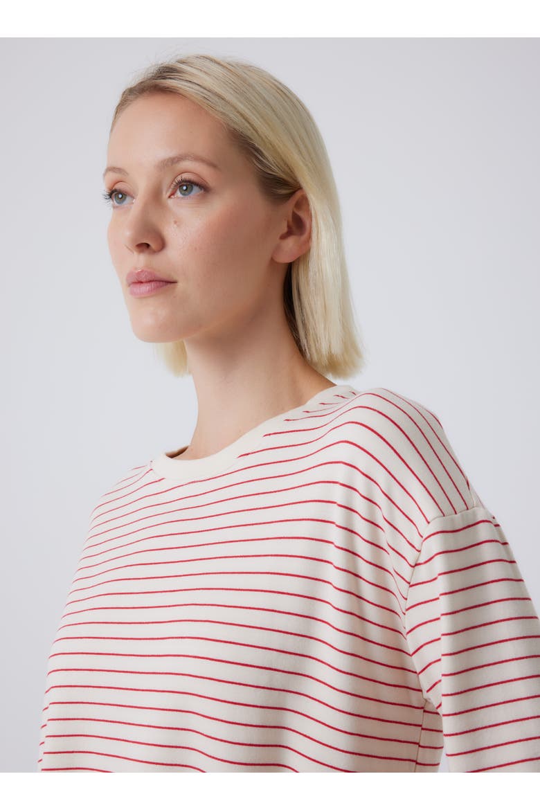 French Terry Novelty Stripe Three-Quarter Sleeve Crewneck, Alternate, color, VERMILLON