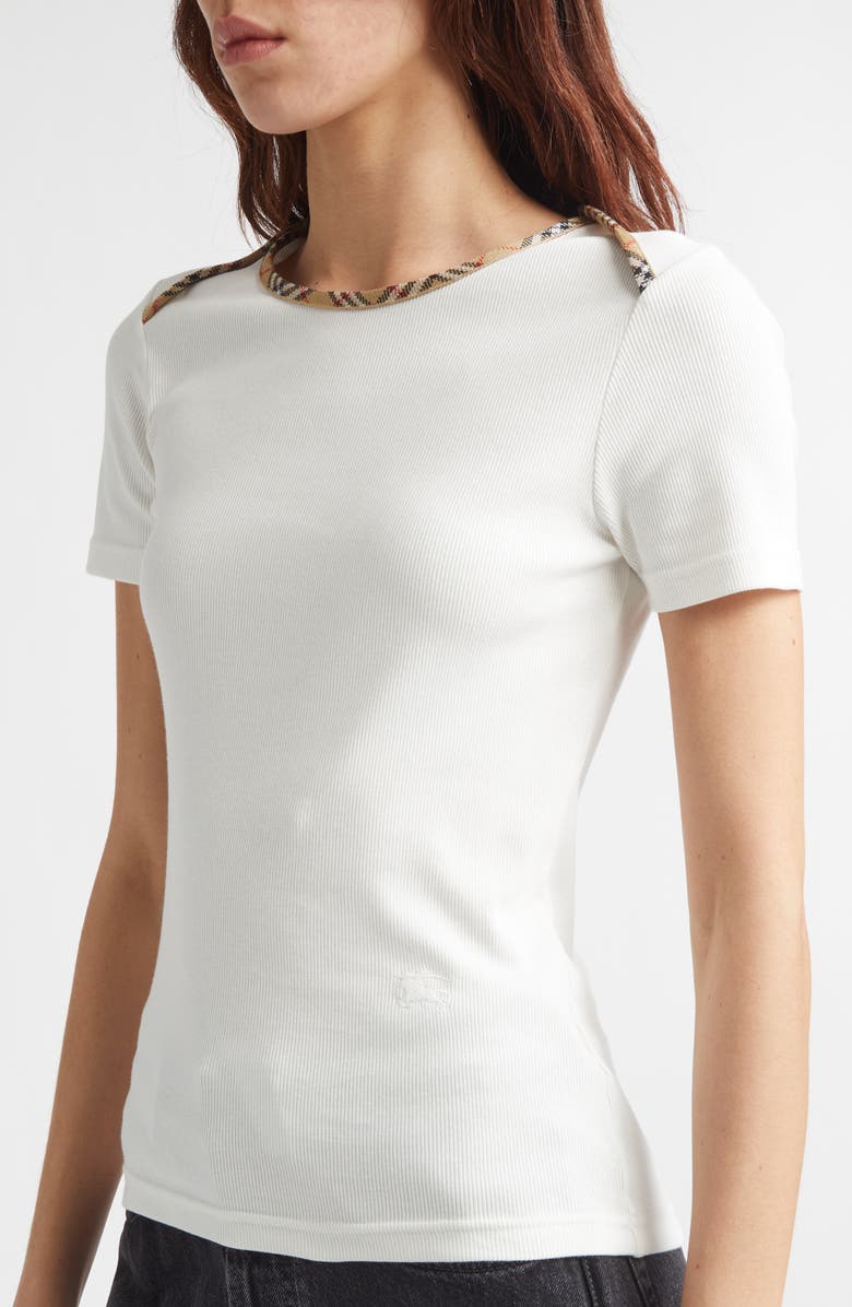 Burberry Stephanie Slim Fit Check Trim Stretch Cotton Rib T-Shirt, Alternate, color, Chalk
