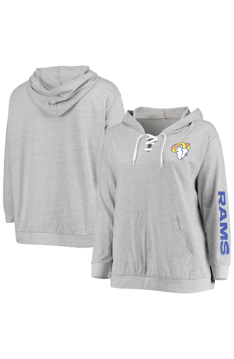 FANATICS Women's Fanatics Branded Heathered Gray Los Angeles Rams Plus Size Lace-Up Pullover Hoodie, Main, color, 