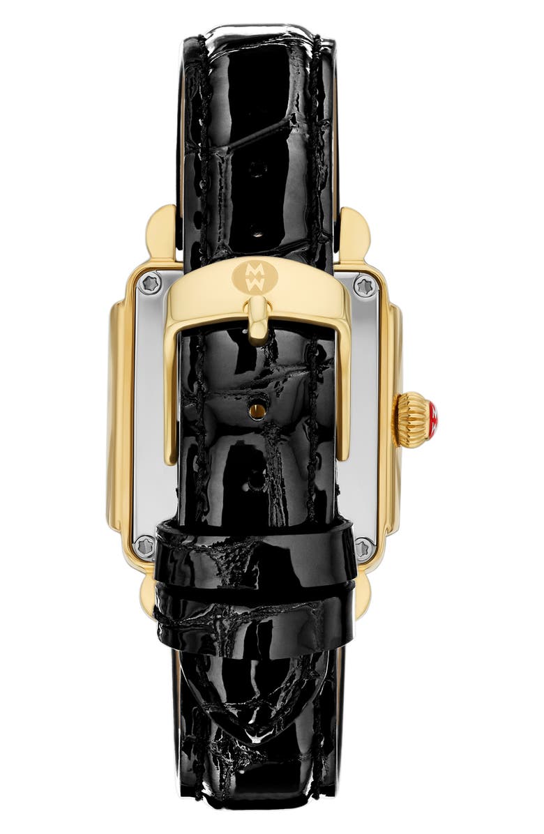 MICHELE Deco Sport Mid Leather Strap Watch, 29mm x 31mm, Alternate, color, Black/ Gold