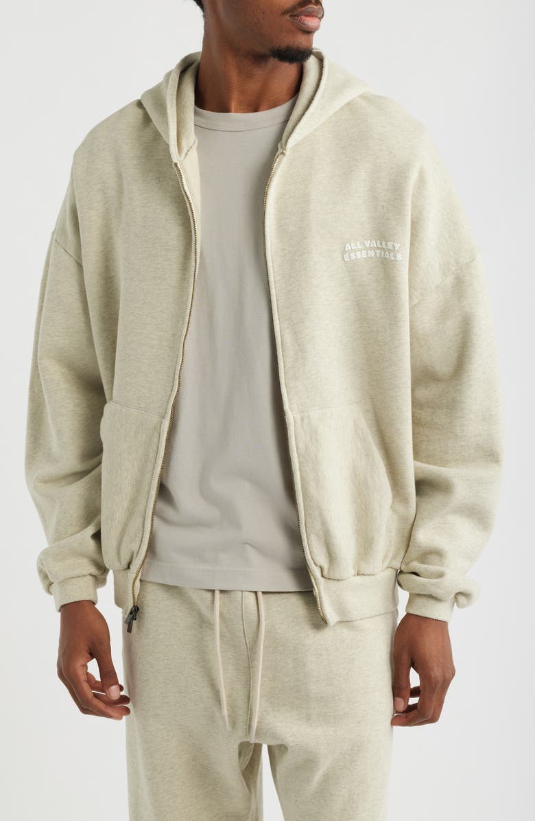 Fear of God Essentials '90s Graphic Zip Hoodie, Main, color, Washed Vanilla Heather