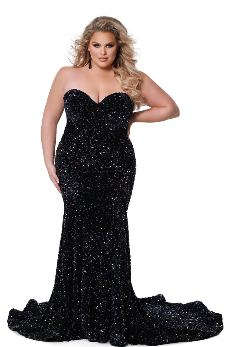 Off the Shoulder Plus Size Sequin Velvet Fitted Formal Gown, Main, color, Kaleidoscope