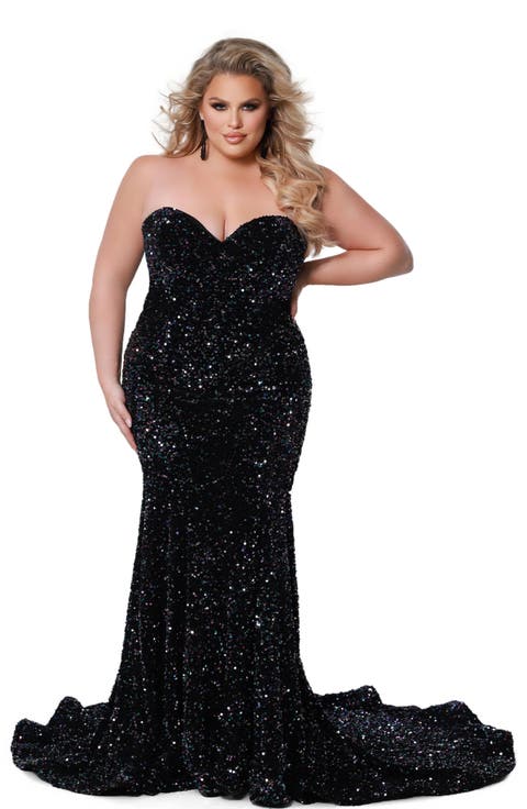 Off the Shoulder Plus Size Sequin Velvet Fitted Formal Gown