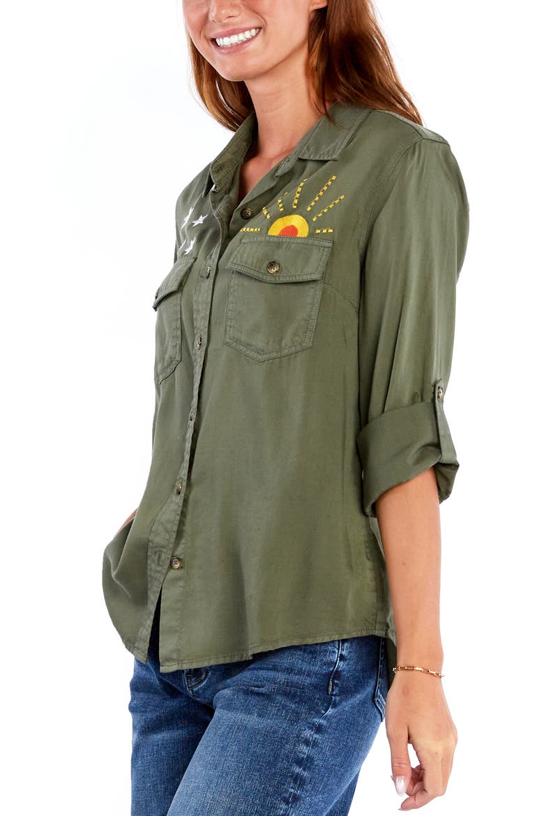 Hello Sunshine Embroidered Button-Up Shirt, Alternate, color, SOFT OLIVE