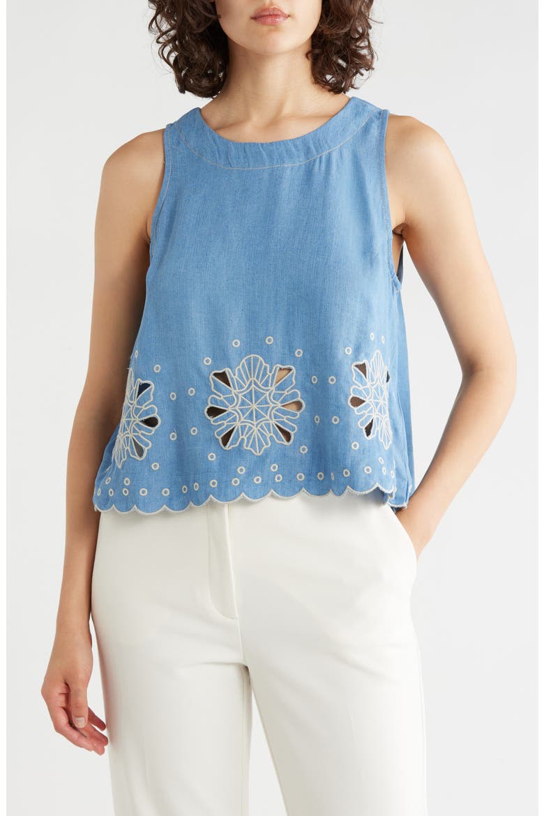 Eyelet Embroidered Chambray Shell, Main, color, WASHED DENIM/ CREAM