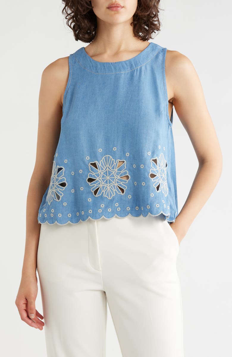 T Tahari Eyelet Embroidered Chambray Shell, Main, color, Washed Denim/ Cream