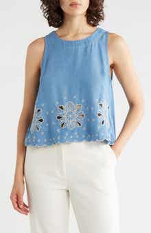 T Tahari Eyelet Embroidered Chambray Shell