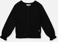 Deux par Deux Knit Button Front Scallop Ruffle Trim Cardigan