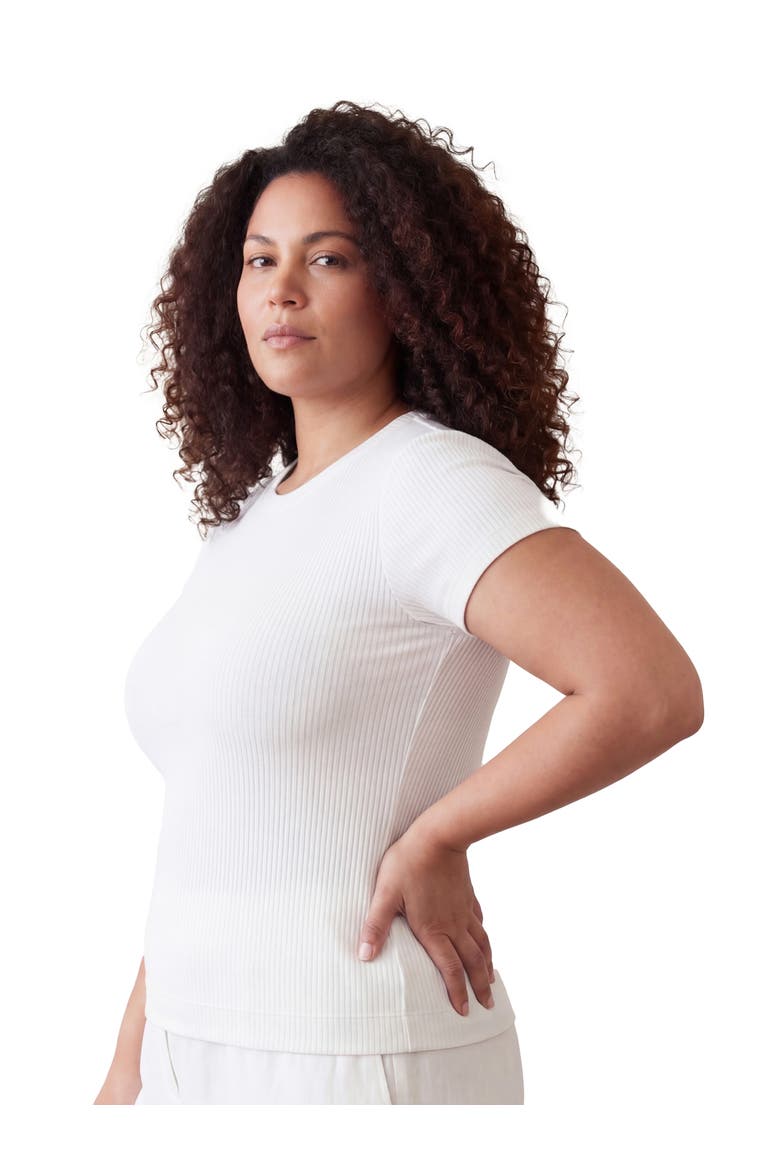Curvy Basic Ribbed Knit Round Neck Short Sleeve Top, Alternate, color, White