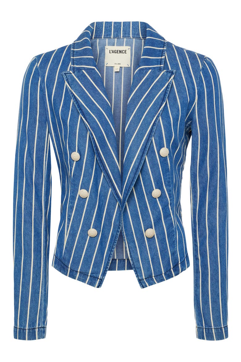 Wayne Stripe Double Breasted Crop Denim Jacket, Alternate, color, DENIM STRIPE