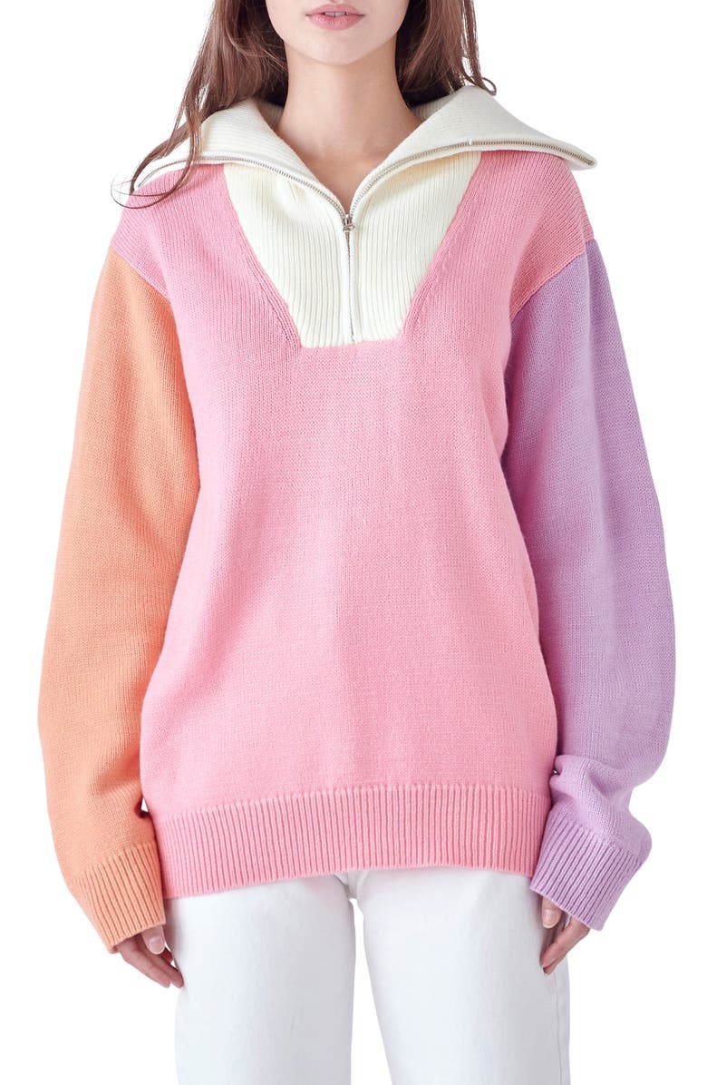 English Factory Colorblock Half Zip Sweater, Main, color, Pink Multi