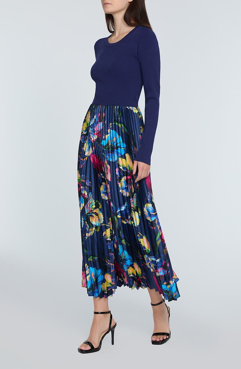 Elie Tahari The Maeve Mixed Media Long Sleeve Dress, Alternate, color, Daphne Blue With Daphne Garden