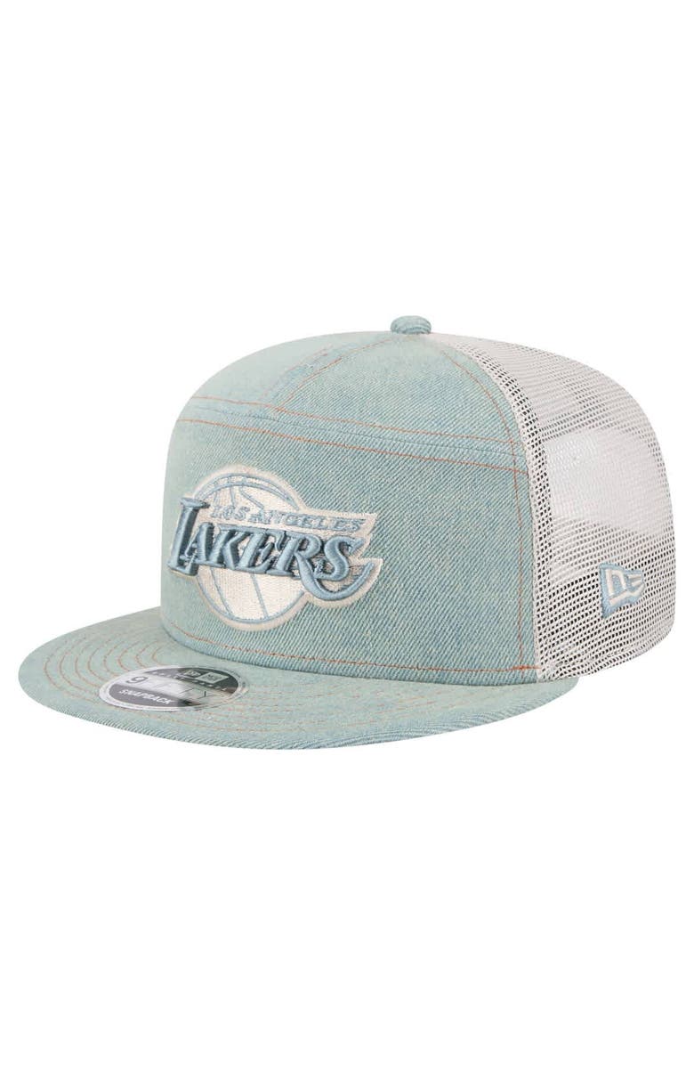 New Era Men's New Era Los Angeles Lakers Adventure Denim Split Panel 9FIFTY Snapback Trucker Hat, Main, color, Denim