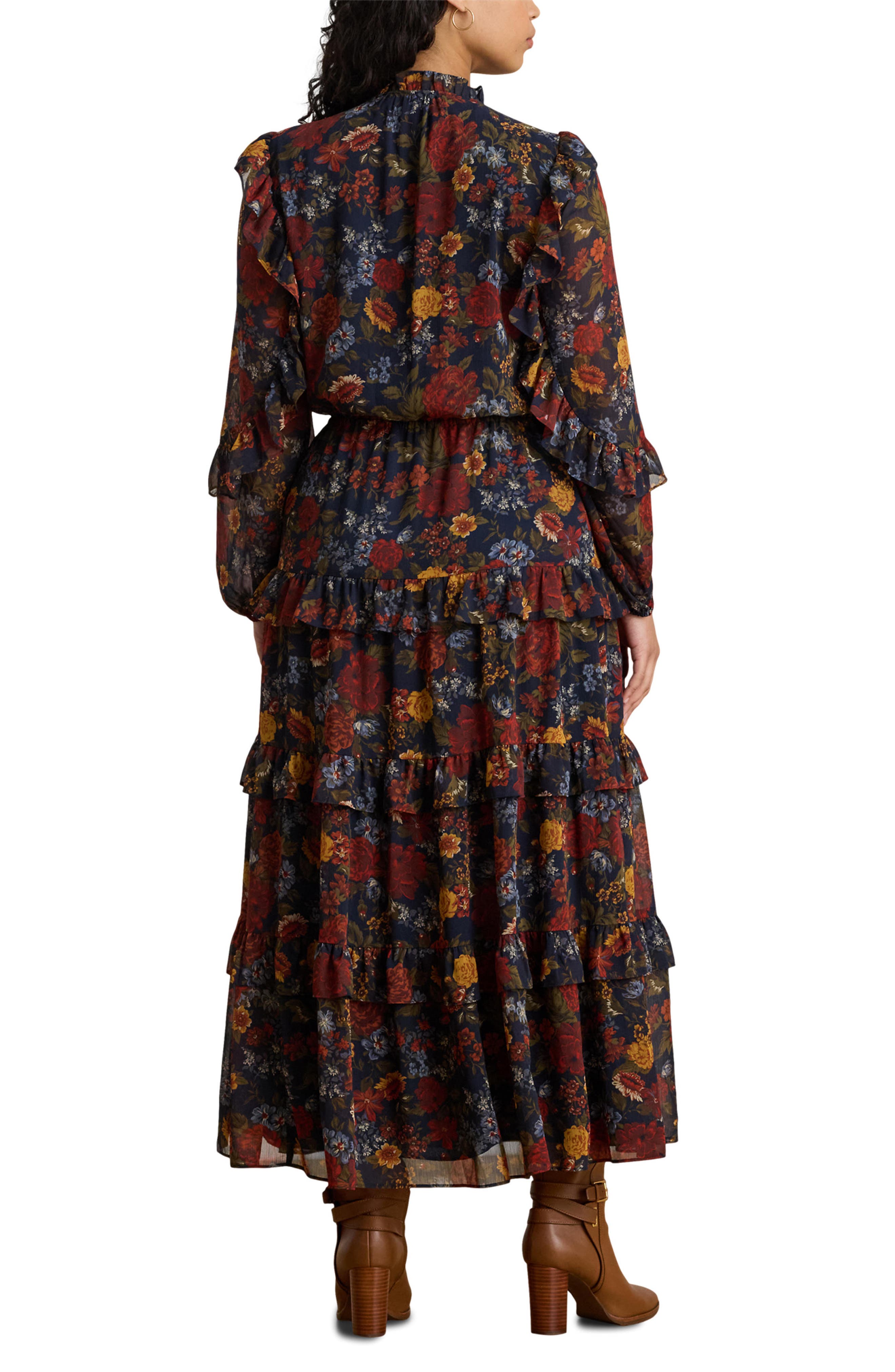 Floral Tiered Long Sleeve Crinkled Georgette Dress (Women) | Nordstrom