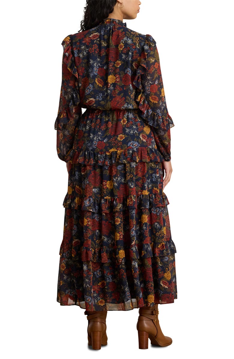 Lauren Ralph Lauren Floral Tiered Long Sleeve Crinkled Georgette Dress, Alternate, color, Navy Multi