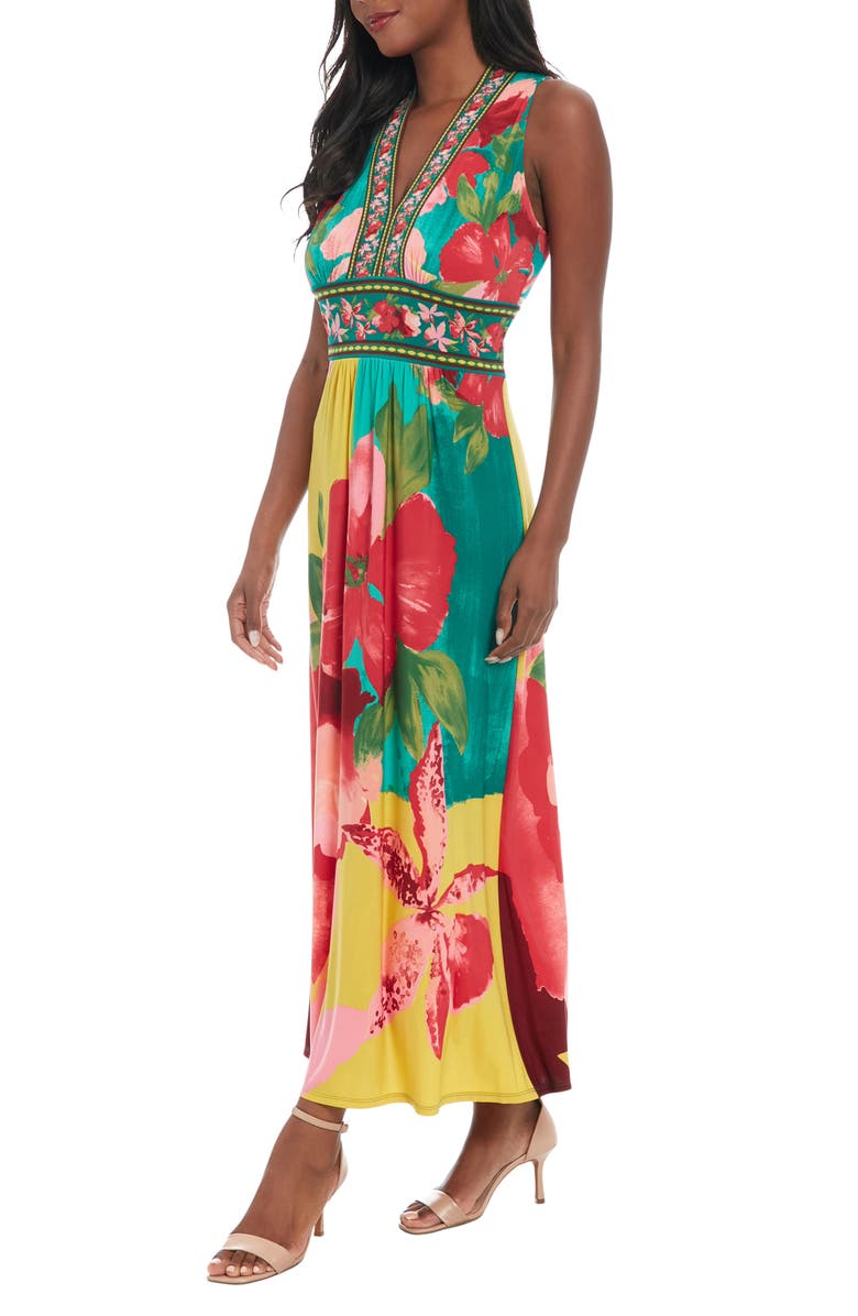 London Times V-Neck Sleeveless Maxi Dress, Alternate, color, Teal/ Red