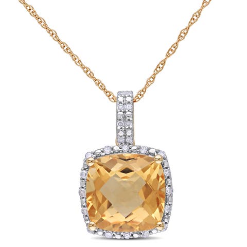 Gemstone & Diamond Cushion Halo Necklace 10K