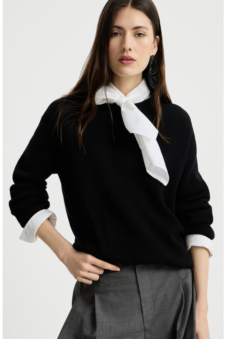 Cotton English rib sweater with monili, Alternate, color, Black