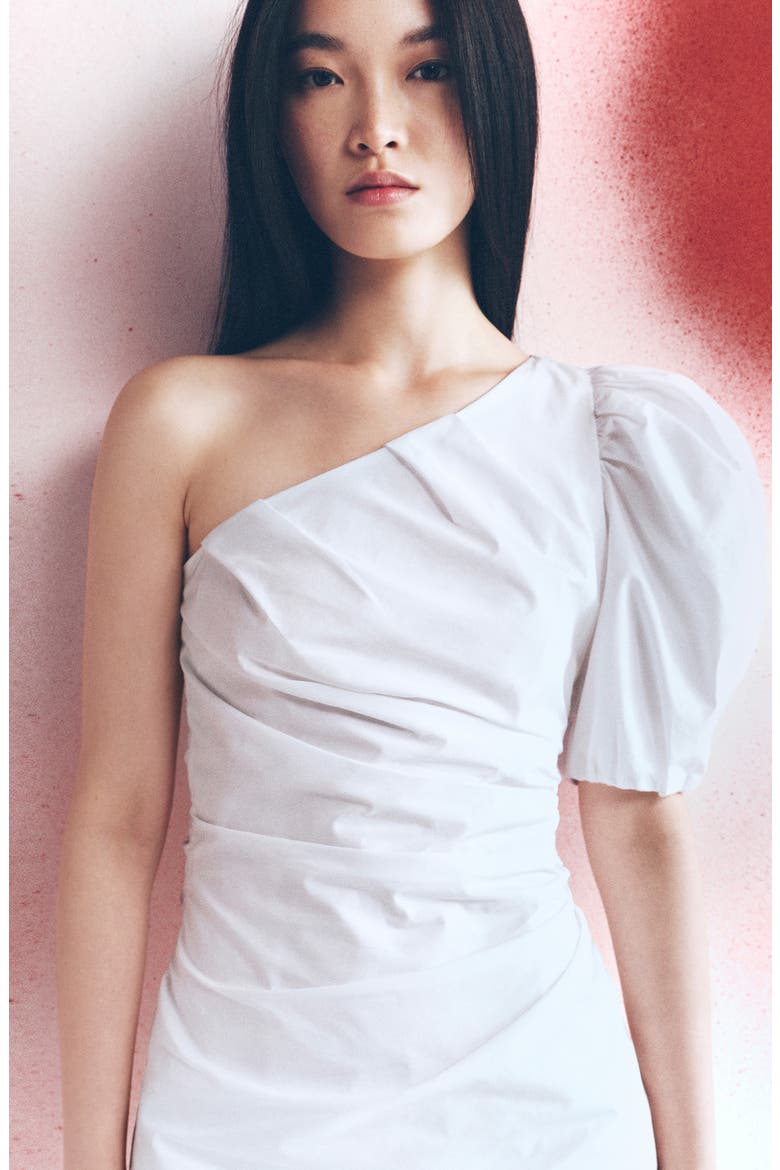 One-Shoulder Puff Sleeve Cotton Dress, Alternate, color, WHITE