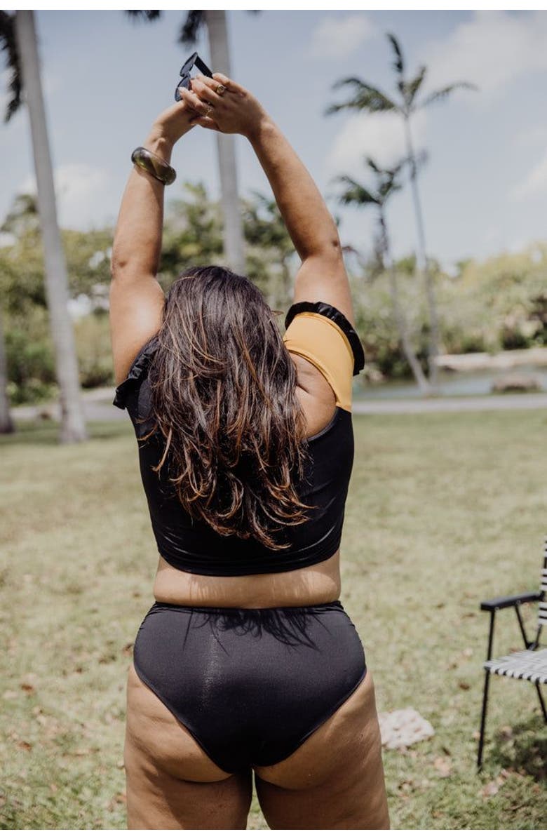 Mary Mercedes Cali Off-The-Shoulder Bikini Crop Top With Short Sleeves, Alternate, color, Black And Mustard Yellow