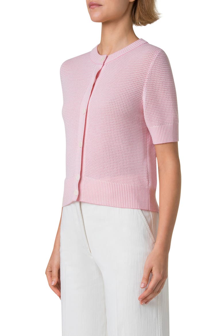 Stripe Short Sleeve Virgin Wool Cardigan, Alternate, color, PALE PINK-CREAM