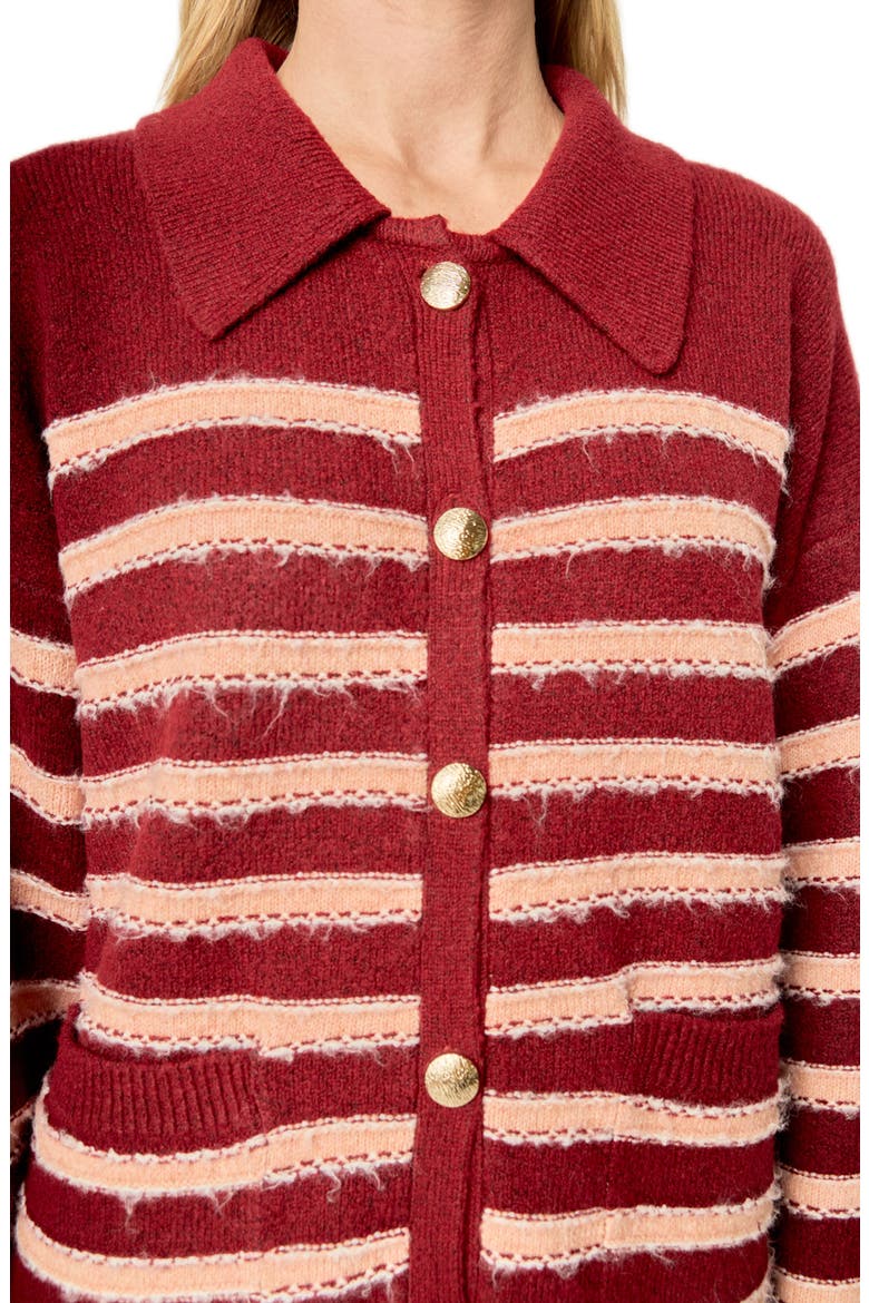 Stripe Ruffle Cuff Collar Cardigan, Alternate, color, BURGUNDY/SALMON