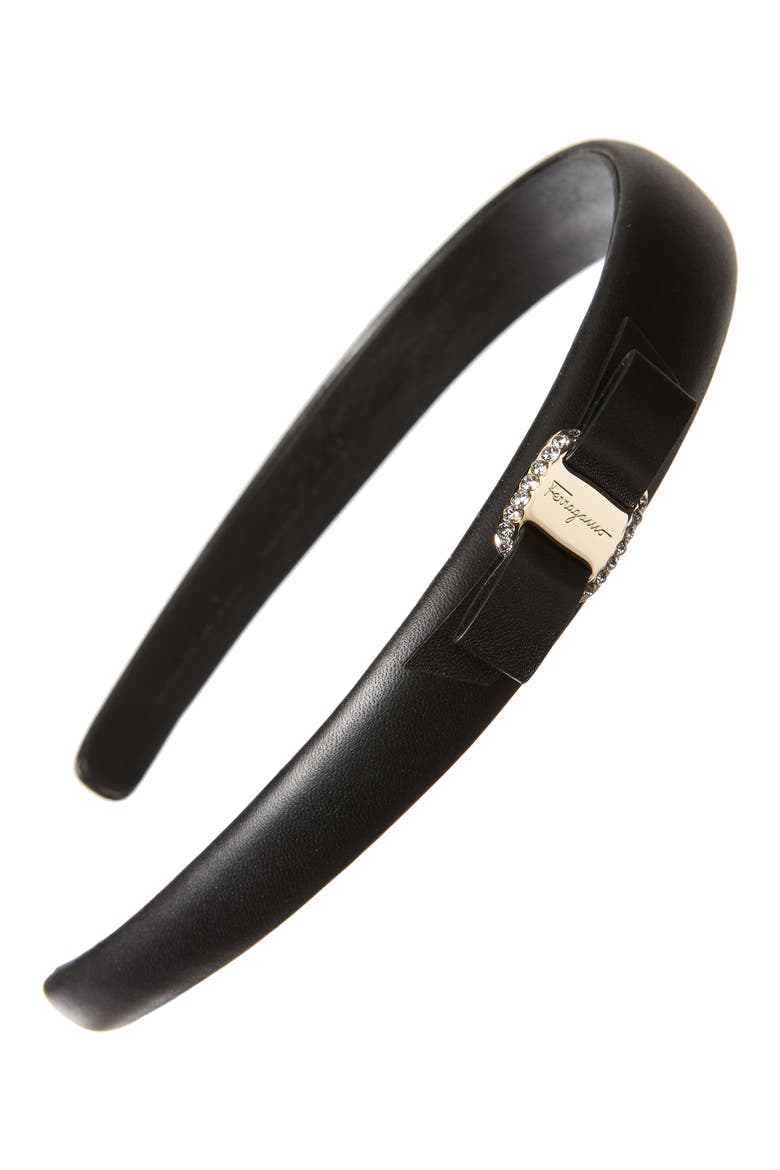 Salvatore Ferragamo Bow Leather Headband, Main, color, NERO/ ORO/ STRASS