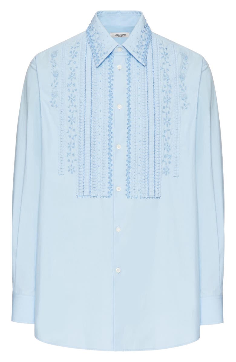 Valentino Embroidered Bib Cotton Poplin Button-Up Shirt, Alternate, color,