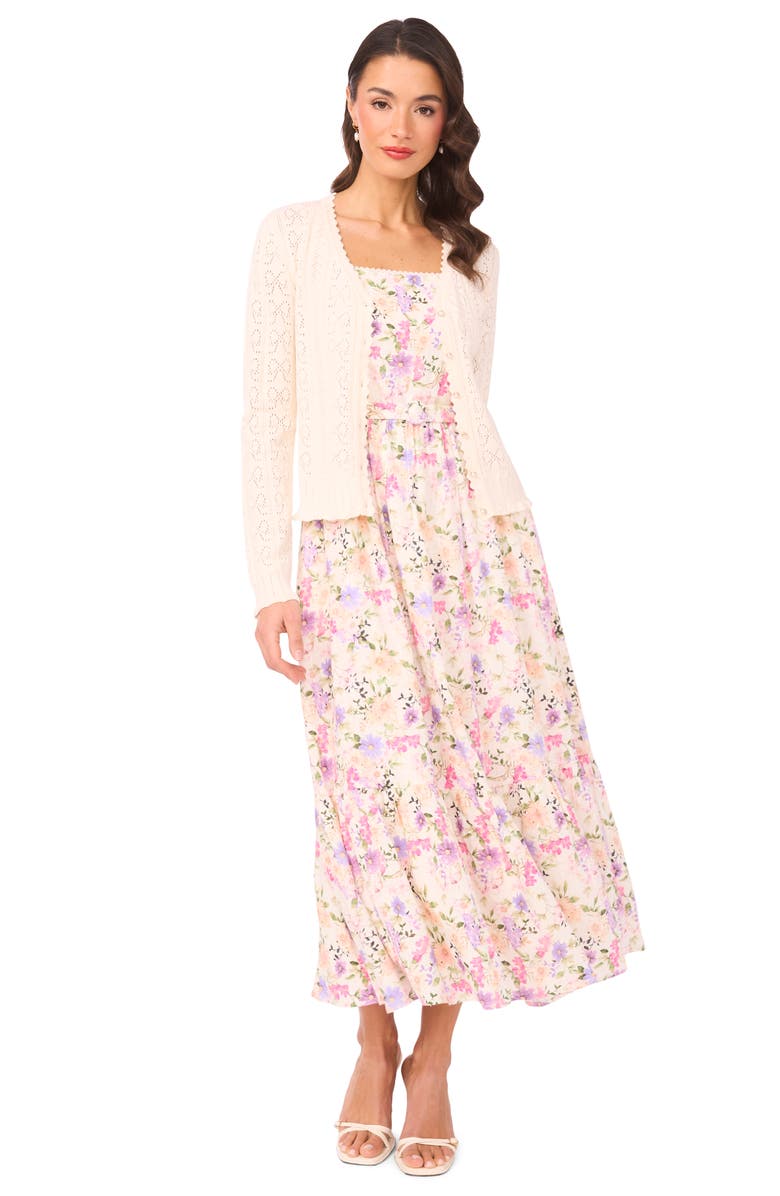 CeCe Pointelle Stitch Bow Cotton Cardigan, Alternate, color, Eggnog