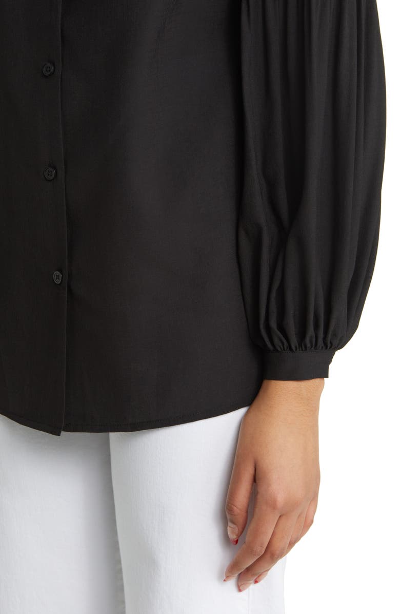 Misook Pleated Balloon Sleeve Crepe Button-Up Blouse, Alternate, color, Black
